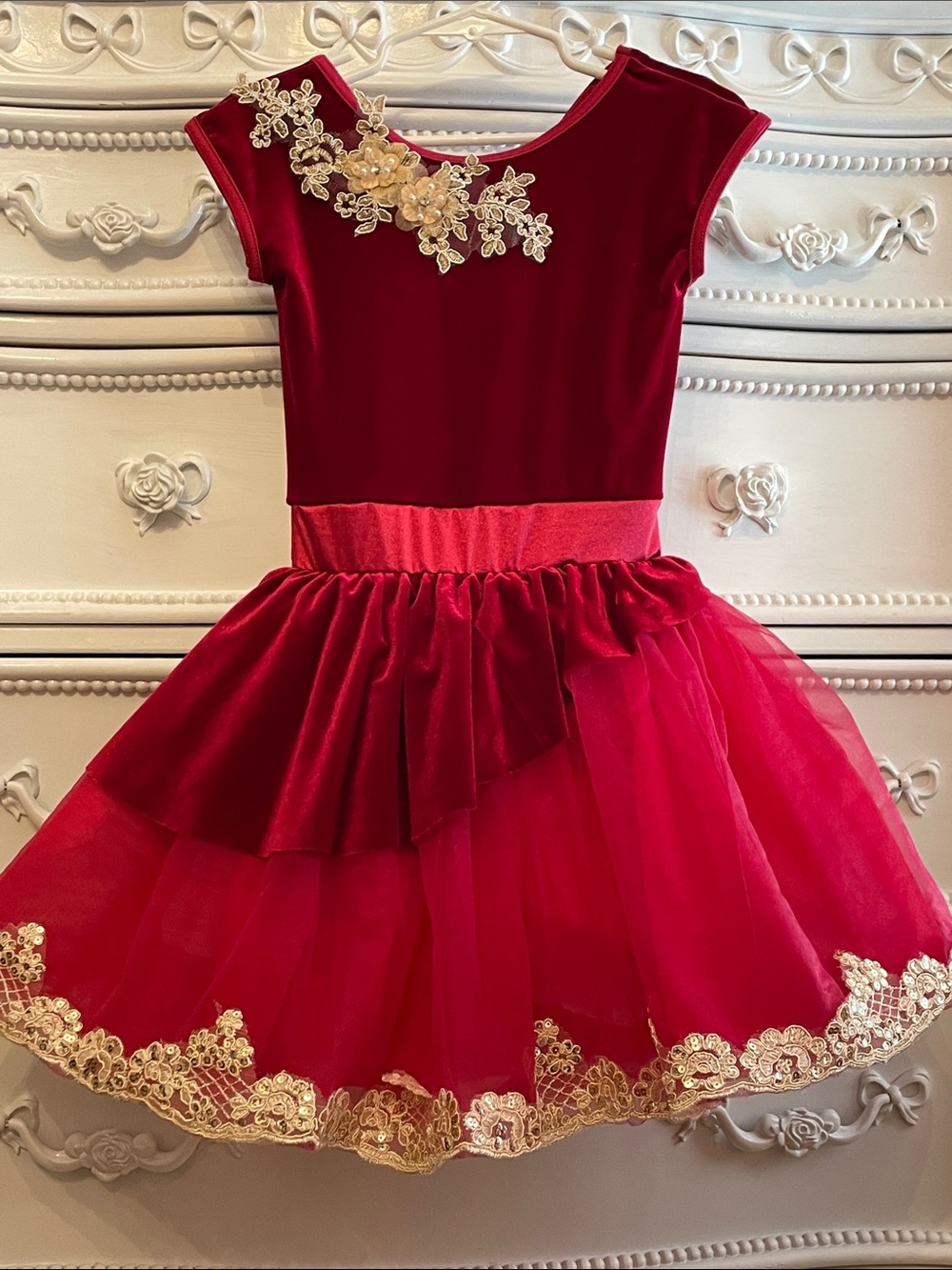 Girls Red Velvet & Tulle Party Dress with Gold Lace WEISSMAN LC DANCE